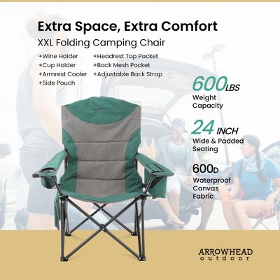 Green XXL Folding Padded Camping Chair with Cup Holder and Cooler