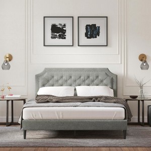 Glenwillow Home Curta Upholstered Platform Bed, Clipped Nailhead Trim with Button Tufting, Mattress Foundation, No Box Spring Needed, Stone, Queen - 1 of 4