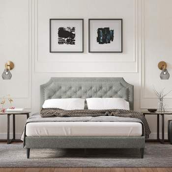 Glenwillow Home Curta Upholstered Platform Bed, Clipped Nailhead Trim with Button Tufting, Mattress Foundation, No Box Spring Needed, Stone, Queen