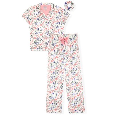 Sleep On It Girls 2-Piece Short-Sleeve Button Down Coat Pajama Pant Set with Matching Scrunchie