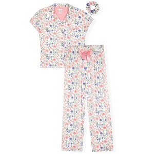 Sleep On It Girls 2-Piece Short-Sleeve Button Down Coat Pajama Pant Set with Matching Scrunchie - 1 of 4