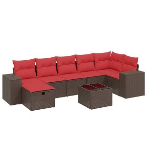 vidaXL 8 Piece Patio Sofa Set with Cushions Brown and Red - With Table - 1 of 4