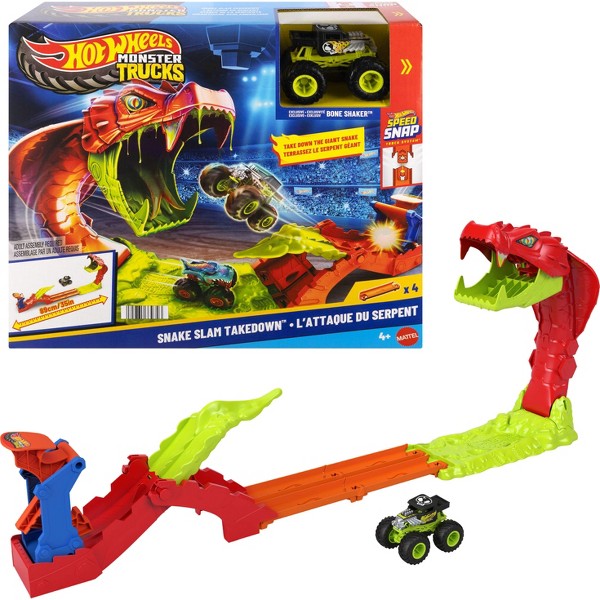 Playset Snake Slam Takedown de Hot Wheels Monster Trucks con vehículo de juguete Bone Shaker a escala 1:64