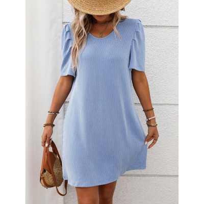 Womens V Neck Puff Sleeve Color Block Loose Fit Midi Dress