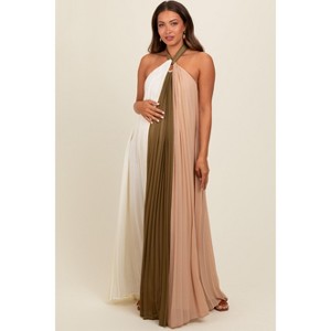 Pinkblush Olive Colorblock Pleated Halter Neck Maternity Maxi Dress - 1 of 3