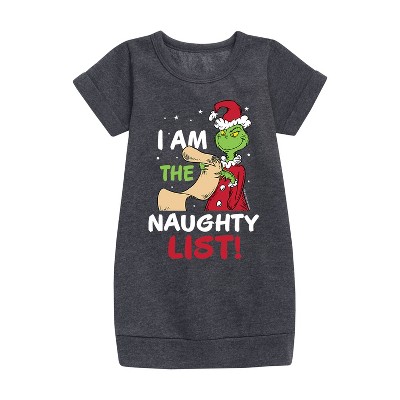- Dr. Seuss - The Grinch I Am The Naughty List Graphic Short Sleeve Fleece Dress