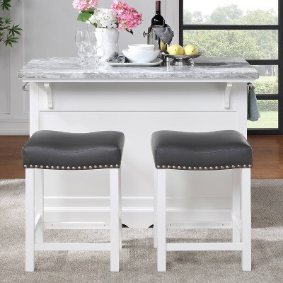 Set of 2 Black Leatherette Backless Counter Stools with White Wood Frame