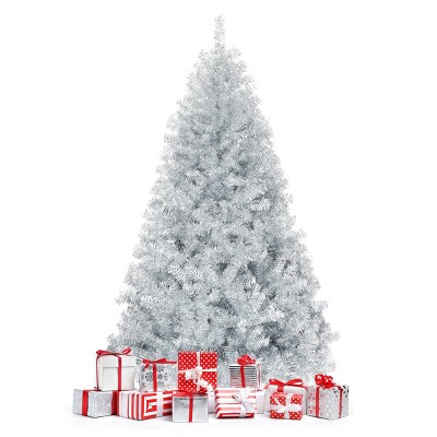 Tangkula 6Ft Hinged Artificial Silver Tinsel Christmas Tree with Metal Stand