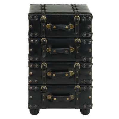 Black Vintage Faux Leather 4 Drawer Chest with Buckle Straps and Gold Studs