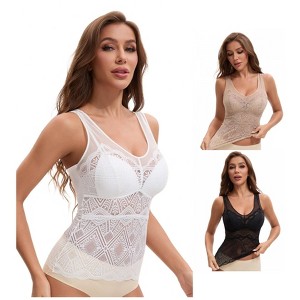 INSPIRE CHIC Women's 3 Packs Lace Mesh V-Back Wide Strap Fixed Cup Tank Top Longline Light and Breathable Camisoles - 1 of 4
