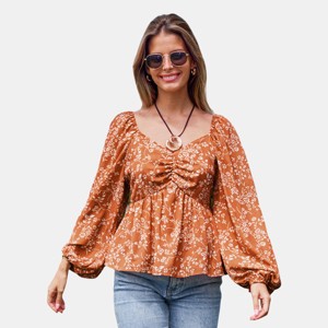 Women's Orange Floral Diamond Neck Puff Sleeve Blouse - Cupshe - 1 of 4