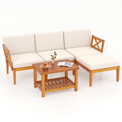 Tangkula L Shaped Outdoor Furniture Set 5 Pieces Acacia Wood Patio Conversation Set Modular Outdoor Lounge Sofa Set w/Cushions
