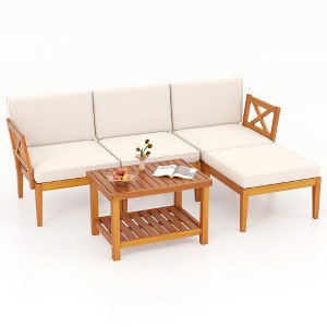 Tangkula L Shaped Outdoor Furniture Set 5 Pieces Acacia Wood Patio Conversation Set Modular Outdoor Lounge Sofa Set w/Cushions - 1 of 4