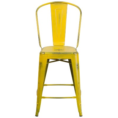 24" Yellow Distressed Metal Indoor-Outdoor Counter Stool
