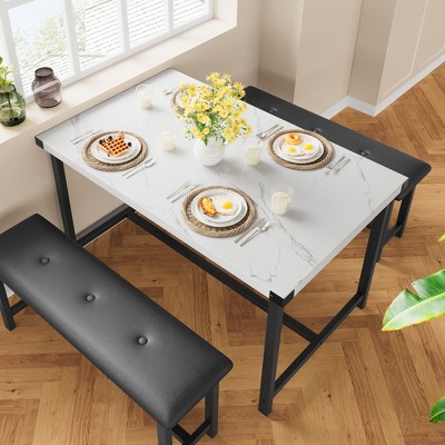 Dining Table Set for 4, Kitchen Table with 2 Upholstered Benches, 3-Piece Dining Room Set for Kitchen, Apartment and Small Spaces