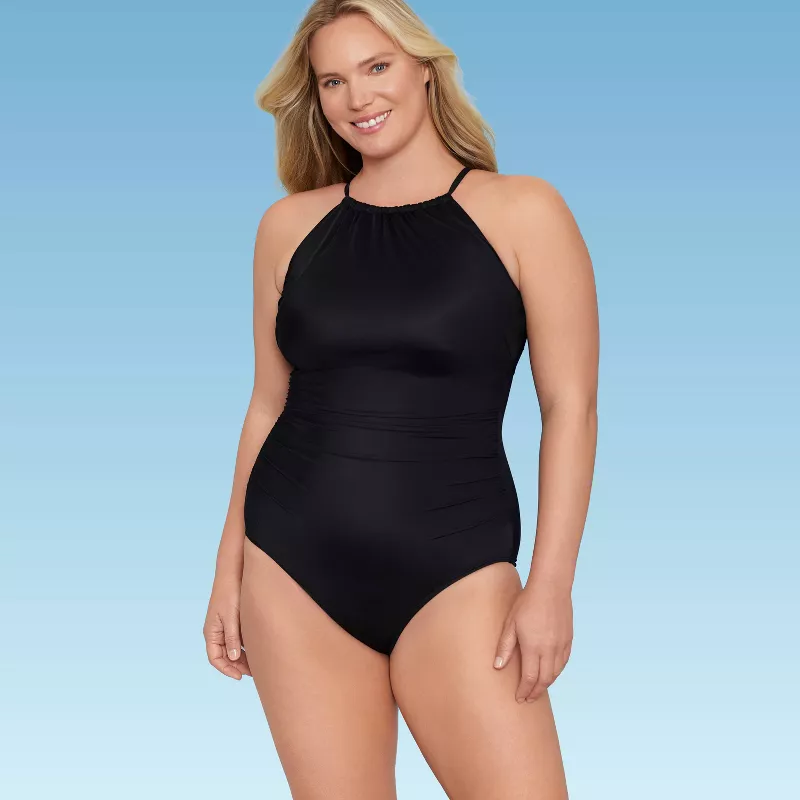 Black Womens Slimming High Neck One Piece Swimsuit - UK