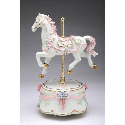 Hand-Painted Pink and White Ceramic Carousel Horse Music Box