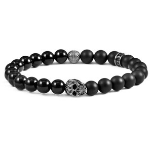 Crucible Men's Skull with Matte and Polished Onyx Stone Beads Stretch Bracelet (8mm) - 1 of 4