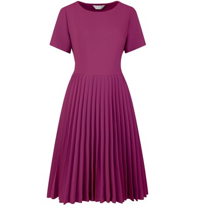 Hobemty Women's Pleated Knee Length Short Sleeve Work A-Line Dress