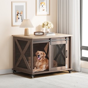 Dog crate, furniture-style dog crate with flip-top lid and removable dividers, wooden kennel with 4 wheels, suitable for medium-sized dogs - 1 of 4