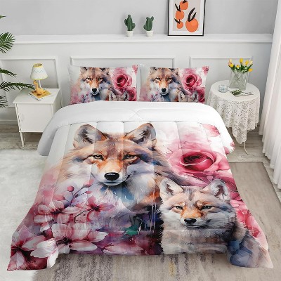 Wolf Comforter Set Twin Size – 3Pcs Pink Rose Floral Bedding with Romantic Wolves, Wildlife Quilt Set for Women, Botanical Room Decor