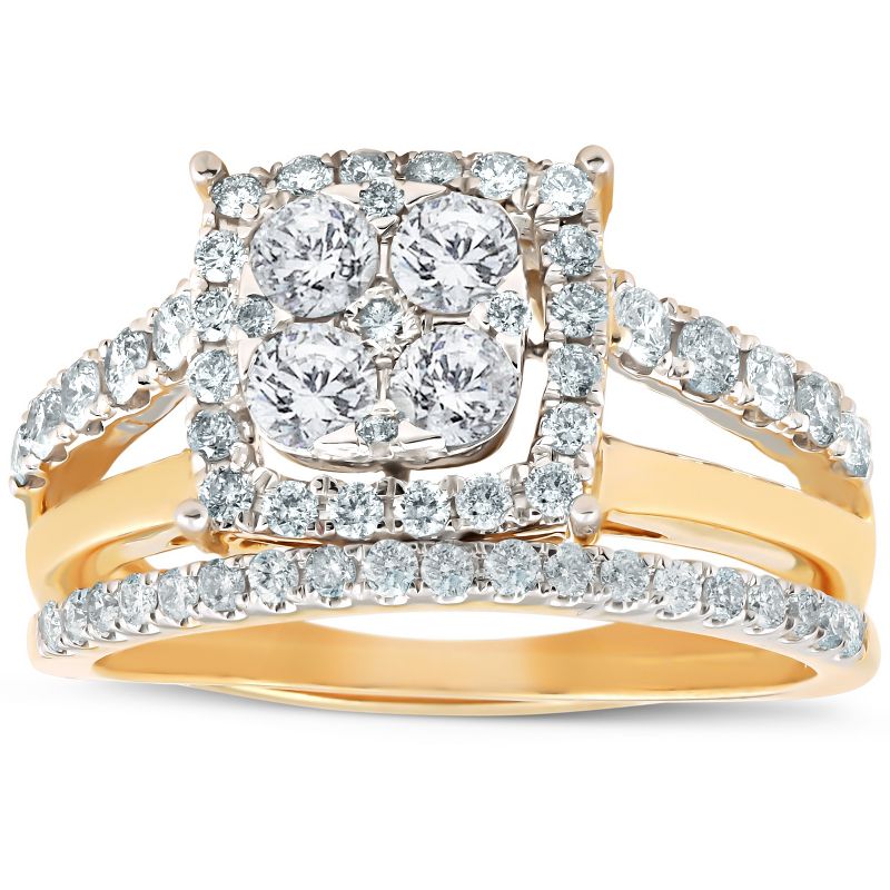 Pompeii3 1 1/10 Ct Diamond Cushion Halo Engagement Ring Wedding Set 10k Yellow Gold, 1 of 5