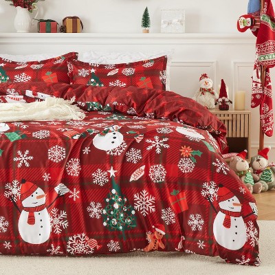 Nasitip Christmas Duvet Cover, Reversible Printed Comforter Cover Set Christmas Holiday Decorative Bedding, Red Duvet + 2 Pillow Shams, Snowflake