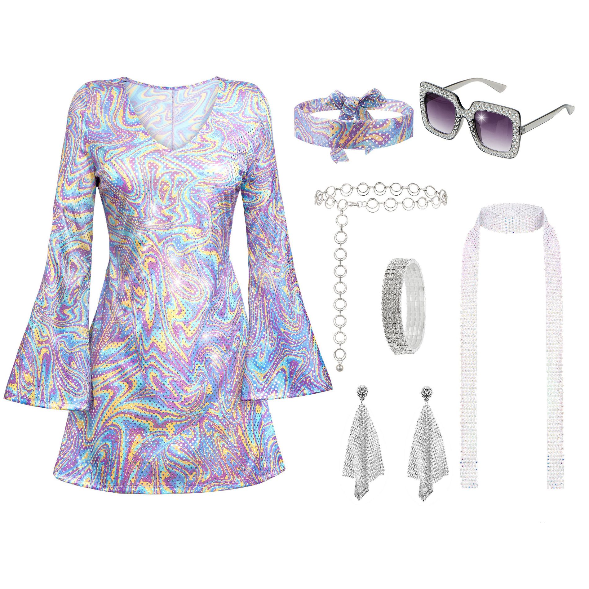 Joyfy Womens' Halloween Costume 70s Disco Outfits, 70s Purple Disco Costume Dress with 70s Accessories for Halloween Costumes Dance Party