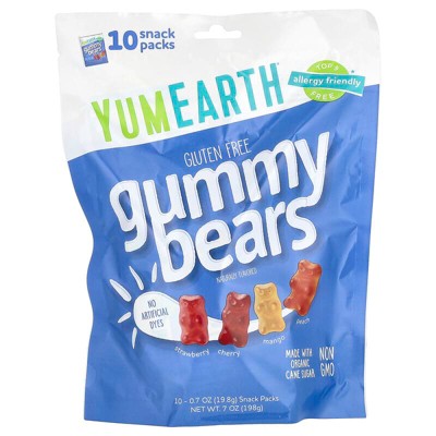 YumEarth Gluten Free Gummy Bears, Strawberry, Cherry, Mango, Peach, 10 Snack Packs, 0.7 oz