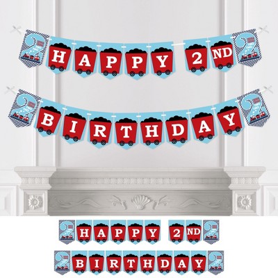 Big Dot of Happiness 2nd Birthday Railroad Party Crossing - Chugga Chugga Two Two - Steam Train Second Party Bunting Banner Decor - Happy 2nd Birthday