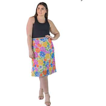 Plus Size Sheer Overlay Colorful Floral Elastic Waist Knee Length Skirt