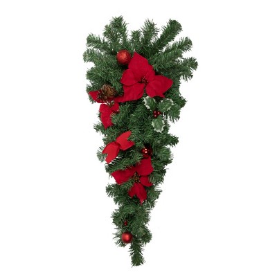 Northlight Poinsettia Pine Cone and Ball Artificial Christmas Teardrop Swag - 32" - Unlit