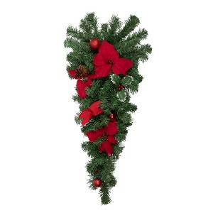 Northlight Poinsettia Pine Cone and Ball Artificial Christmas Teardrop Swag - 32" - Unlit - 1 of 4