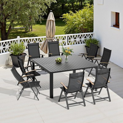 Crestlive Products 9pc Expandable Aluminum Outdoor Dining sets for 6-8 58" Extendable Patio Table Adjustable Rectangular Square Table with Chairs