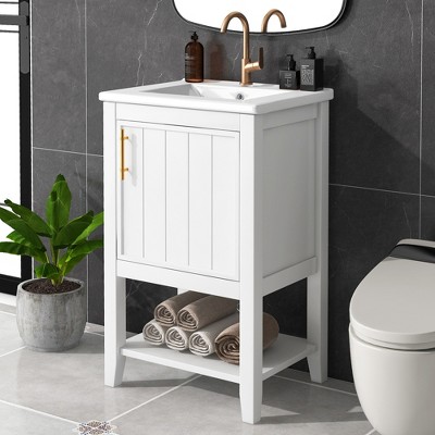 ALEXOUN 20" Small Bathroom Free Standing Single Basin Vanity with Ceramic Sink,Bathroom Storage Cabinet with Door and Storage Rack & Open Shelf