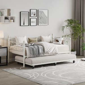 Daybed with Trundle Sofa Bed, Twin Size Metal Day Bed with Floral Headboard, Modern Metal Sofa Bed Frame with Pull-Out Trundle, Heavy Duty Steel Slats - 1 of 4