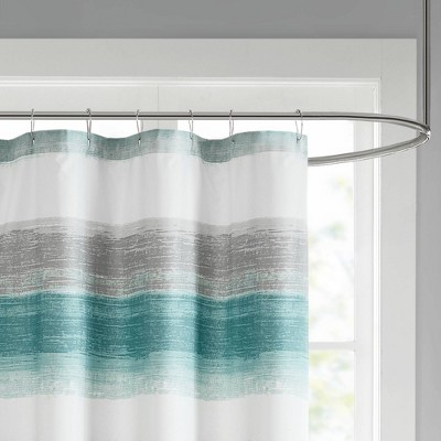 Aqua and Grey Watercolor Stripe Shower Curtain with Liner