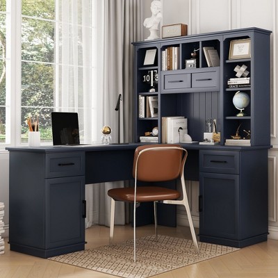 NicBex Home Office Desk L-Shape Morden 2-in-1 Design Desk with Drawers, Storage Cabinets and Wooden Frame for Office, Study, Living Room, Blue