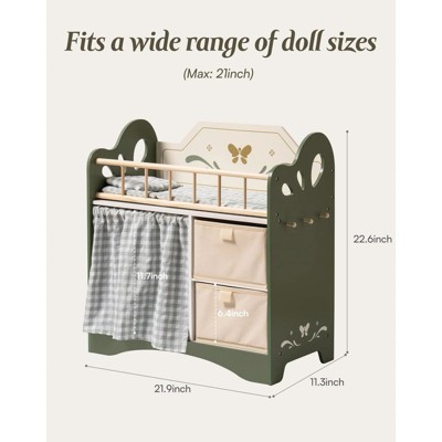 Green Wooden Doll Cradle with Storage and Bedding