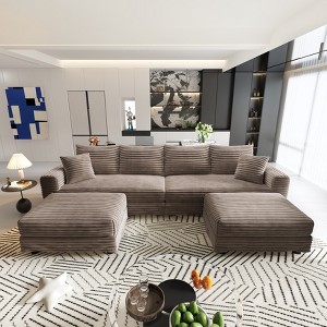 TiramisuBest 102.4" Plush Corduroy 4-Seat Sofa with 2 Ottomans, Deep Seat Cloud Couch, Convertible Lounge Sofa,Grey - 1 of 4