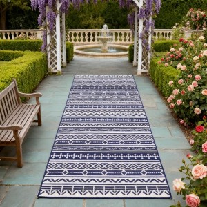 NAYSAYE Outdoor Rug Reversible Waterproof Plastic Straw Mat 9' x 18' with Carry Bag for Patio Lounge, Blue and White - 1 of 4