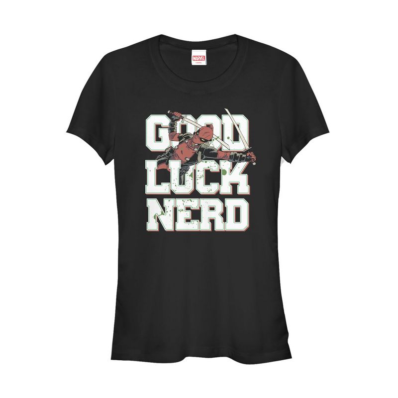 Juniors Womens Marvel Deadpool Good Luck Nerd T-Shirt, 1 of 4