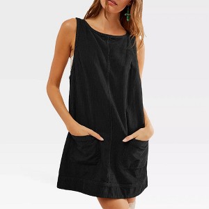 Women's Corduroy Overall Dress Round Neck A Line Jumper Open U Back Mini Dress with Pockets Front Seam Style Outfits - 1 of 4