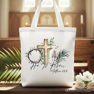 He Is Risen Lamb Cross Christian Easter Tote Bag, Bible Verse Matthew ...