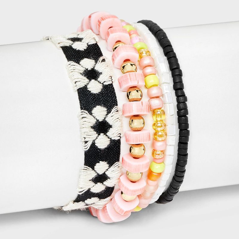 Mixed Beaded and Daisy Print Bracelet Set 5pc - Wild Fable&#8482; Black/Pink/White, 2 of 5