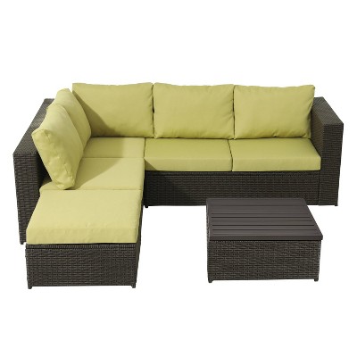 4pc Wicker Rattan Patio Sofa Set with Green Cushions - Accent Furniture