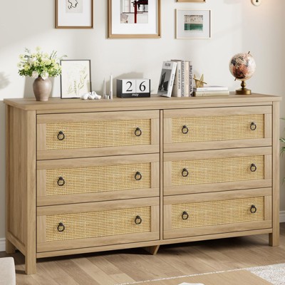Rattan 6 Dresser for Bedroom, Natural Oak Dresser Organizer with Vintage Circle Handles, Boho Wooden Chest of Drawers for Nursery Living Room Entryway