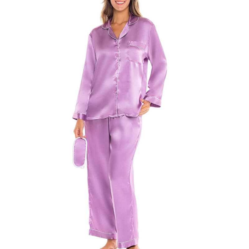 ADR Women's Satin Pajamas Set, Button Down Long Sleeve Top and Pants with Pockets, Silk like PJs with Matching Sleep Mask, 1 of 8