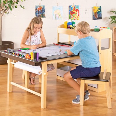 Guidecraft Deluxe Art Center - Natural: Kids Wooden Craft Desk with Shelves, Bins &  Paper Roll | Playroom Toddler Table & Chair Set