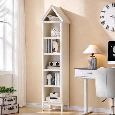Bookshelf with Adjustable Shelves, 75.9" Tall Narrow Bookshelf with Storage, 5 Tiers Open Shelves Bookcase with Triangular Top, White